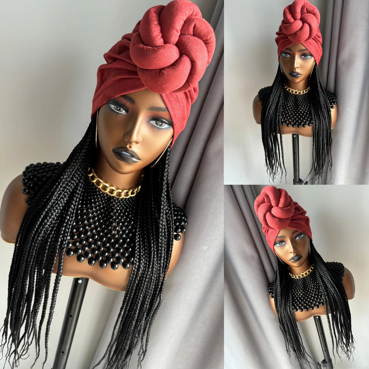 WIGERA Long 24“ Black Box Braided Synthetic Wig With Headband Turban Hat Box Braiding Hair Extensions Head Scarf  Wigs For Women Luxegan