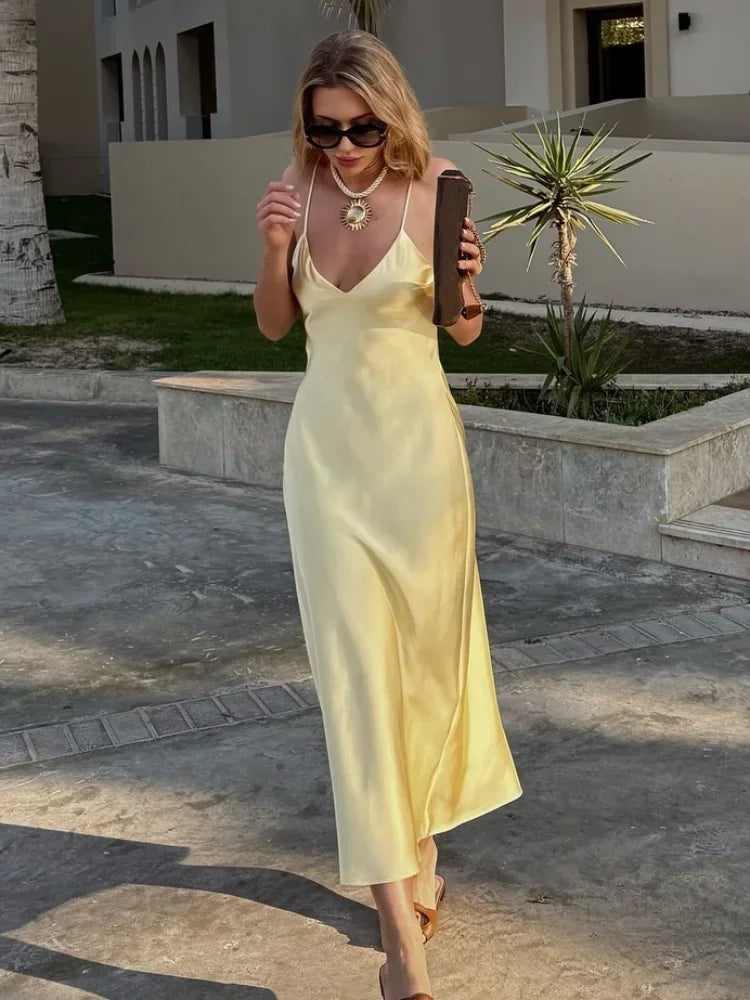 Yellow Satin Sling Maxi Dress for Women | Elegant V-Neck Sleeveless Backless Summer Evening Gown | Premium High-Waist Loose Silhouette Party Robe | Model Yellow Elegant Stain Regular Fit Ankle-Length Luxegan