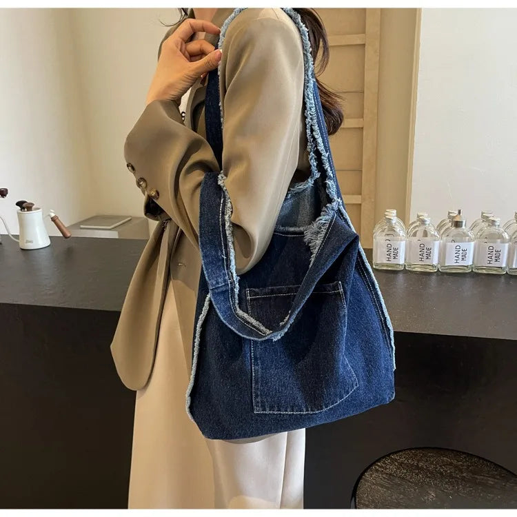 Custom Logo Printing Denim Tote Bag | High-Quality Student Style Leisure Handbag | Unisex Cartoon Pattern Canvas-Lined Crossbody Bag (Model 3138) Luxegan