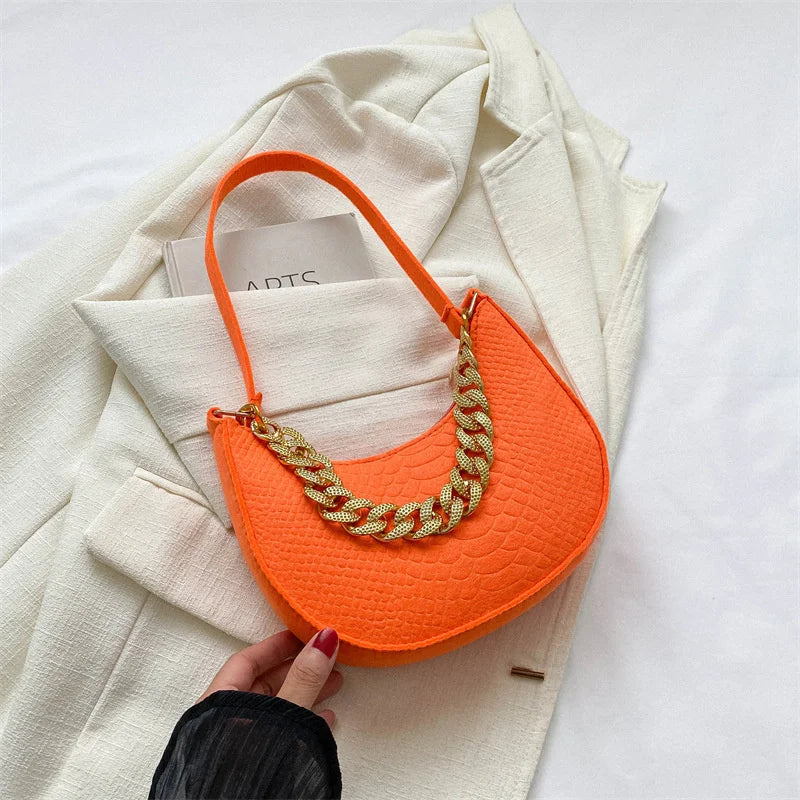 Fashion Women's Felt Handbag | Imitation Metal Chain Underarm Bag (Retro Ladies Solid Color Shoulder Bag, Trendy Casual Clutch Purse) Luxegan
