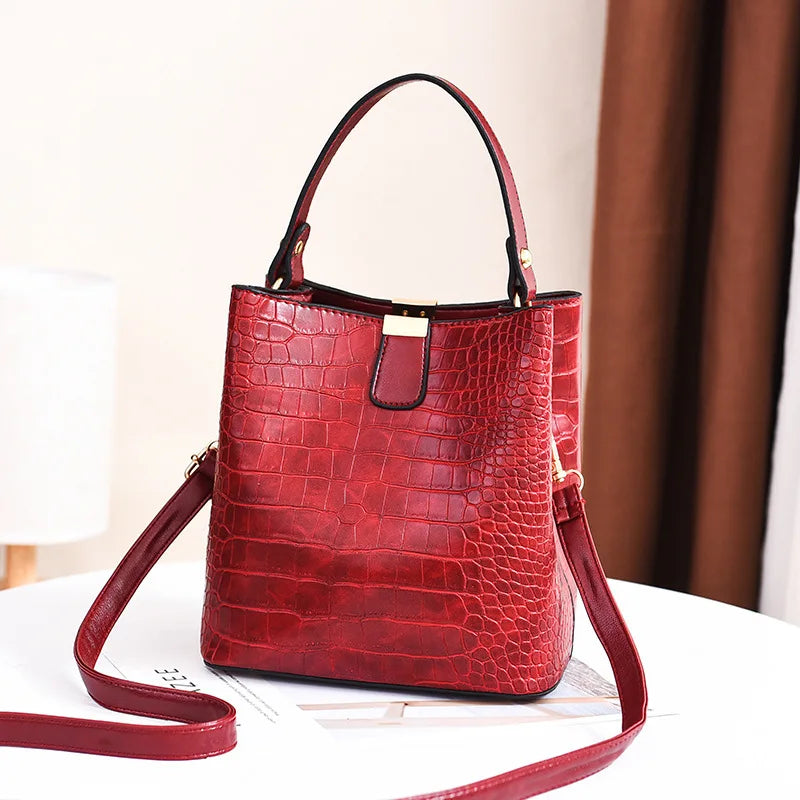 Crocodile Pattern Bucket Shoulder Bag | Large Capacity Handbag & Crossbody Purse Luxegan