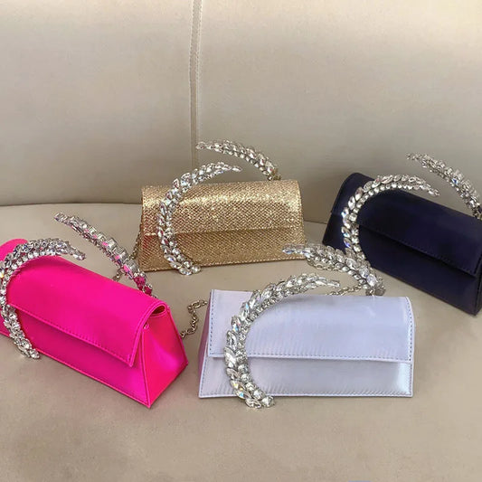 Shining Rhinestone Minaudière | Elegant Silk Satin Party Clutch Luxegan