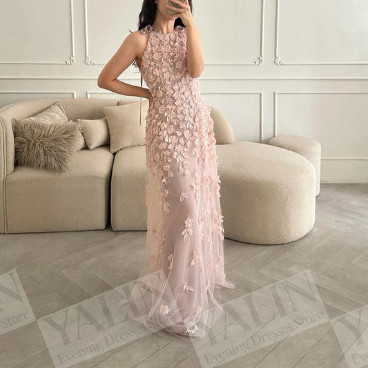 Floral Beaded A-Line Prom Dress | O-Neck Sleeveless Floor-Length Evening Gown Luxegan