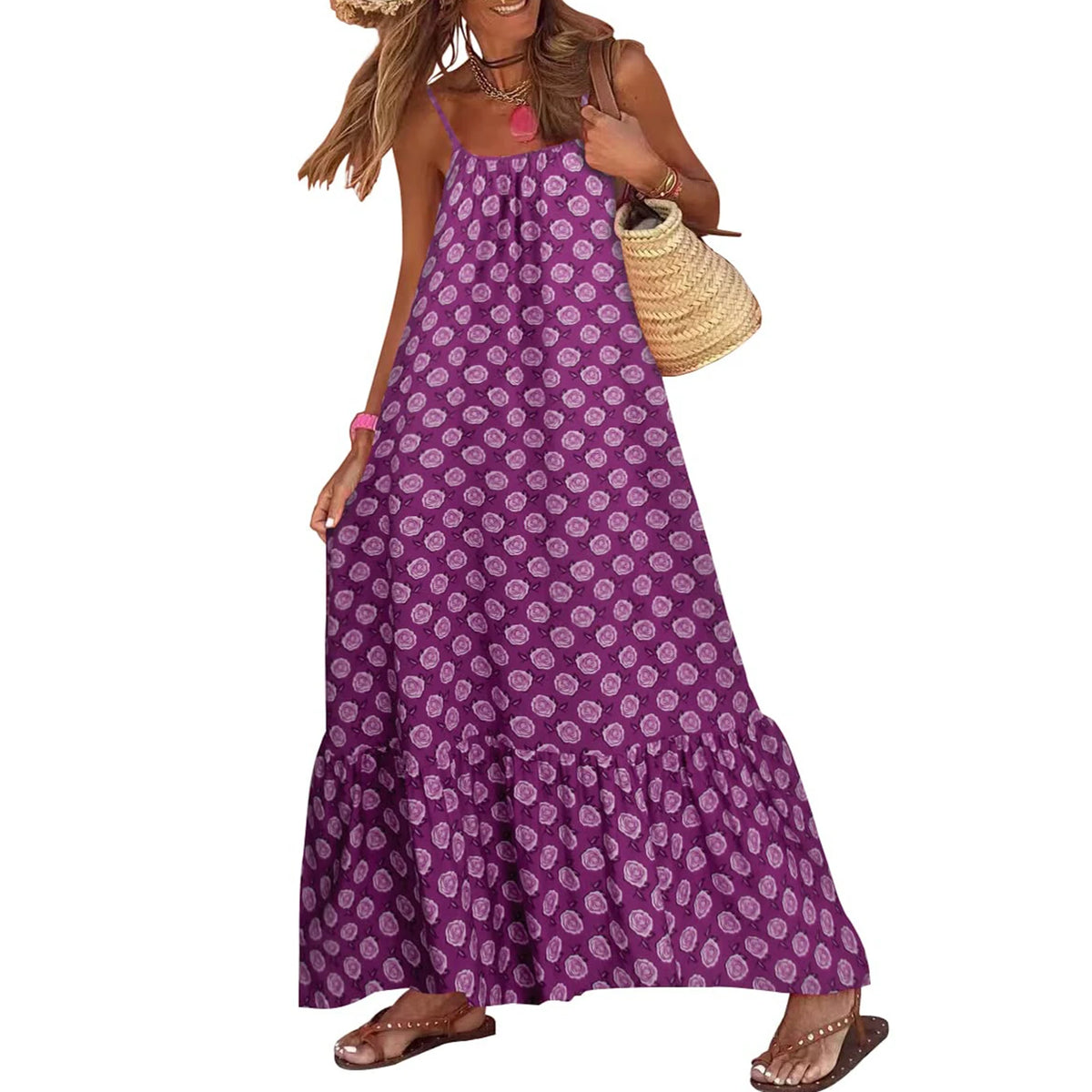 Print Slash Neck Spaghetti Strap Sleeveless Backless Loose Fit A-Line Floor-Length Dress – Slight Stretch Polyester, Empire Waist, Summer Luxegan