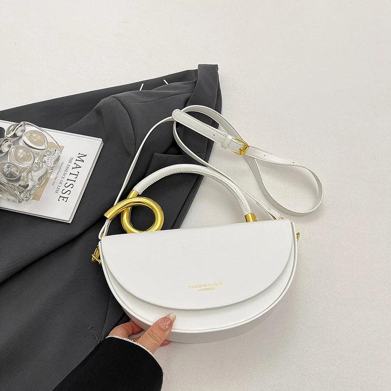Designer Semicircle Saddle Crossbody | Small Hard PU Leather Handbag Luxegan
