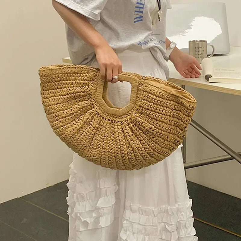Summer Half-Moon Straw Beach Handbag | Sophisticated Handmade Rattan Handle Tote | Elegant Knitted Bohemian Shoulder Bag | Luxury Fashion-Forward Vacation Purse with "Dignified" Artisan Texture Luxegan