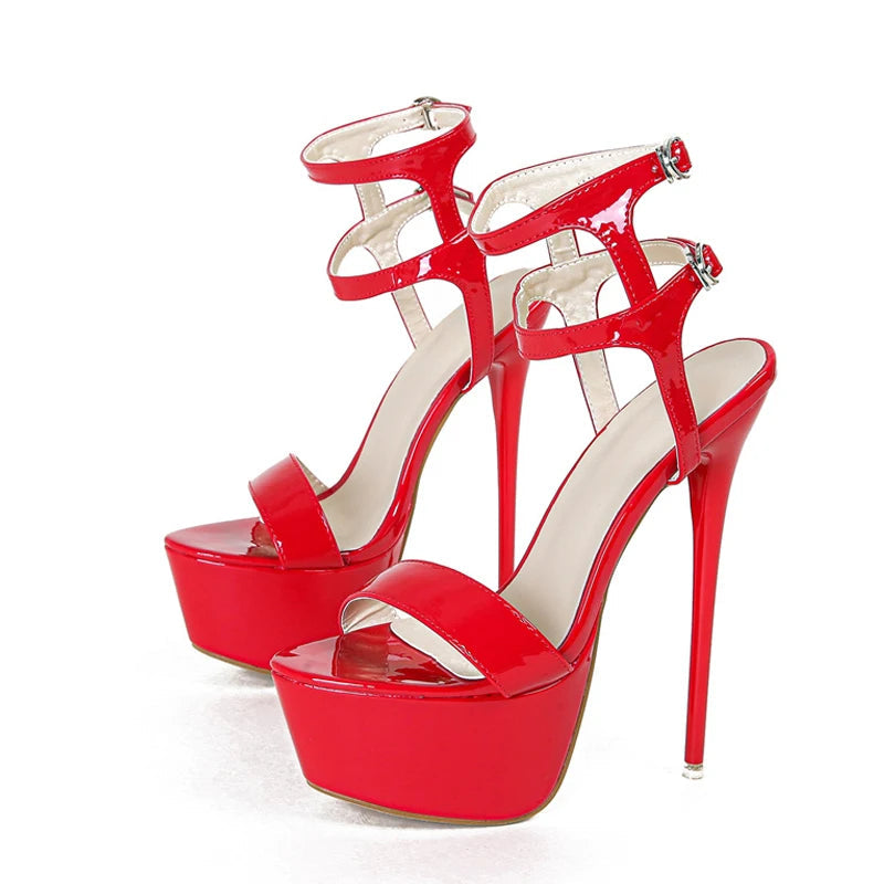 Sexy Red Platform Stiletto Sandals | Sophisticated Double Buckle Strap Open Toe Heels | Elegant "Red Patent Leather" Silhouette | "Dignified" Extreme High Heels for Radiant Versatile Wedding & Banquet Styling Luxegan