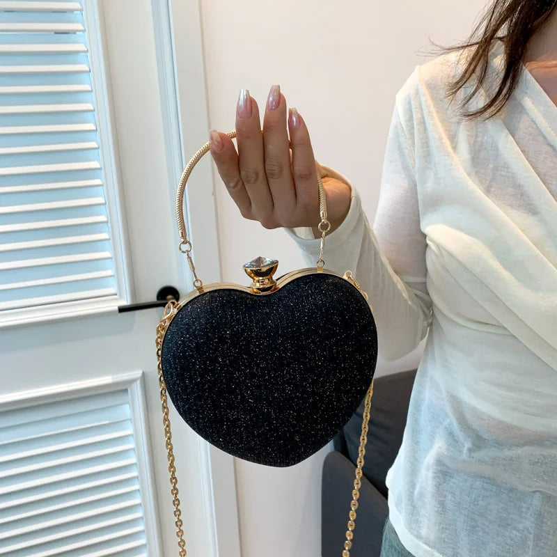Shiny Heart Shape Metal Evening Clutch Bag for Women | Fashion Chain Shoulder Crossbody Bag (Luxury Lady Purse) Luxegan