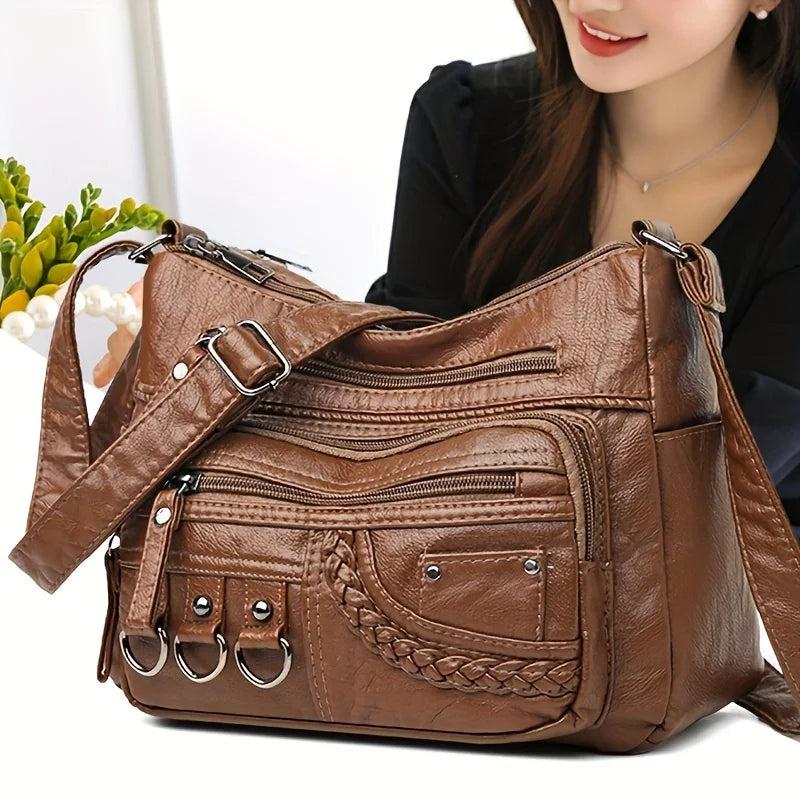 Vintage PU Leather Crossbody Bag | Retro Multi-Layer Shoulder Bag for Women | Sophisticated Classic Fashion Handbag & Purse | Elegant Work & Travel Messenger Bag with "Dignified" Letter Detail Luxegan