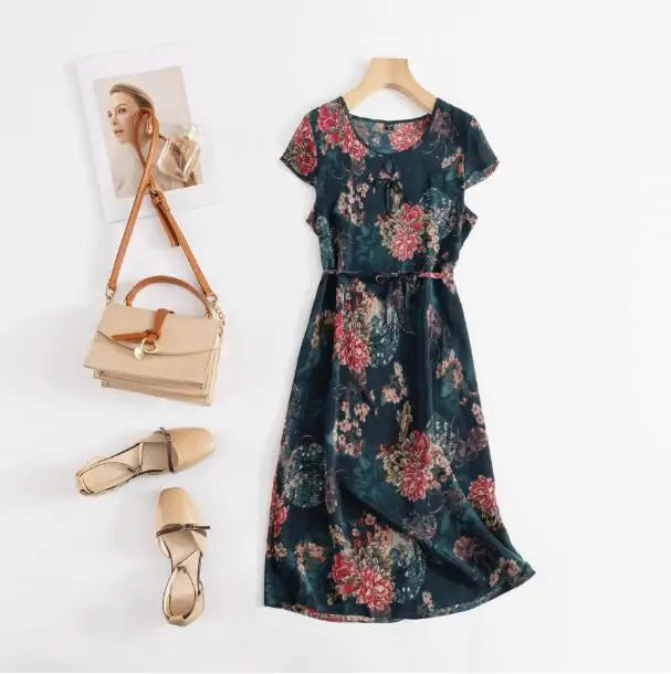 Print Round Neck Flare Sleeve Loose Straight Midi Dress – Mulberry Silk, Summer