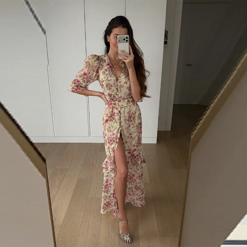 Organza Floral Printed Maxi Dress V-Neck  Puff Sleeve 2026 Spring/Summer Romantic Women Party Gown Fashion Elegant Lady Vestidos