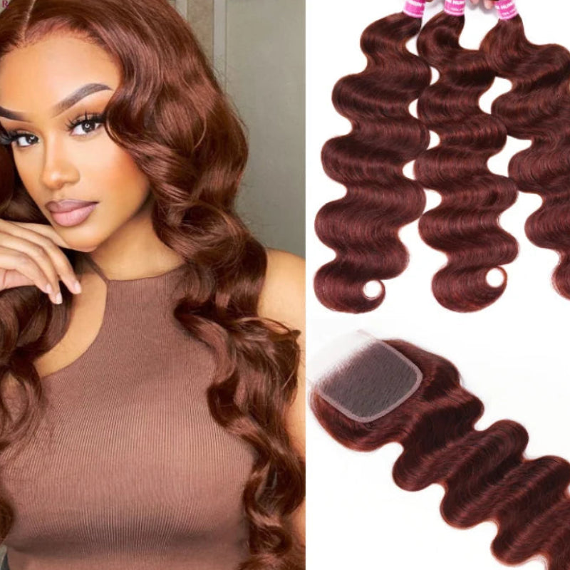Grade 12A Reddish Brown Human Hair Bundles with Closure | Premium Brazilian Body Wave 3 Bundles with 4x4 Lace Closure | Luxury Colored Remy Human Hair Extensions | Safe to Perm Standard 4-Piece Complete Hair Matrix Luxegan