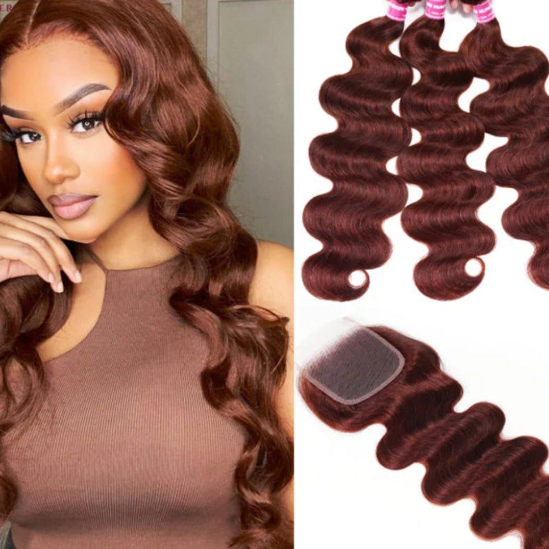 Grade 12A Reddish Brown Brazilian Body Wave Hair System | Autumn-Inspired Copper Tone 3 Bundles Pack | Professional 4x4 Transparent Lace Closure | Premium Remy Human Hair Weft Collection for Full-Volume Custom Installs Luxegan
