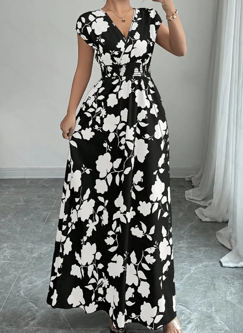 Print Casual V-Neck Short Sleeve Regular Fit Loose Knee-Length Dress – Polyester and Cotton, Natural Waist, Spring/Summer Luxegan