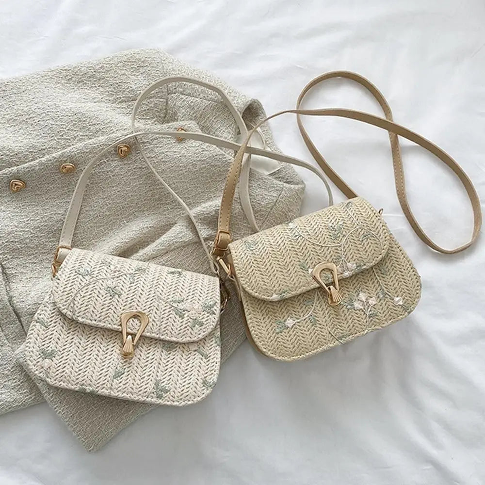Flower Woven Saddle Bag | Cute Straw & Lace Embroidery Handbag Luxegan