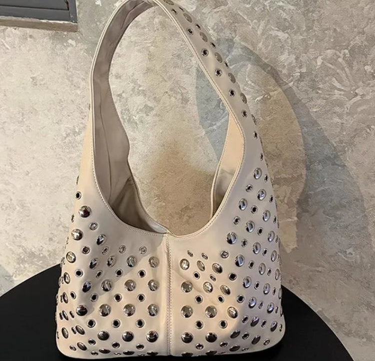 Women's Cool Punk Rivet Satchel Tote Bag | Large Capacity Soft PU Leather Handbag | High-Quality Textured Underarm Shoulder Bag | Spring & Summer Fashion Hobo Purse Model GHJK34 Luxegan