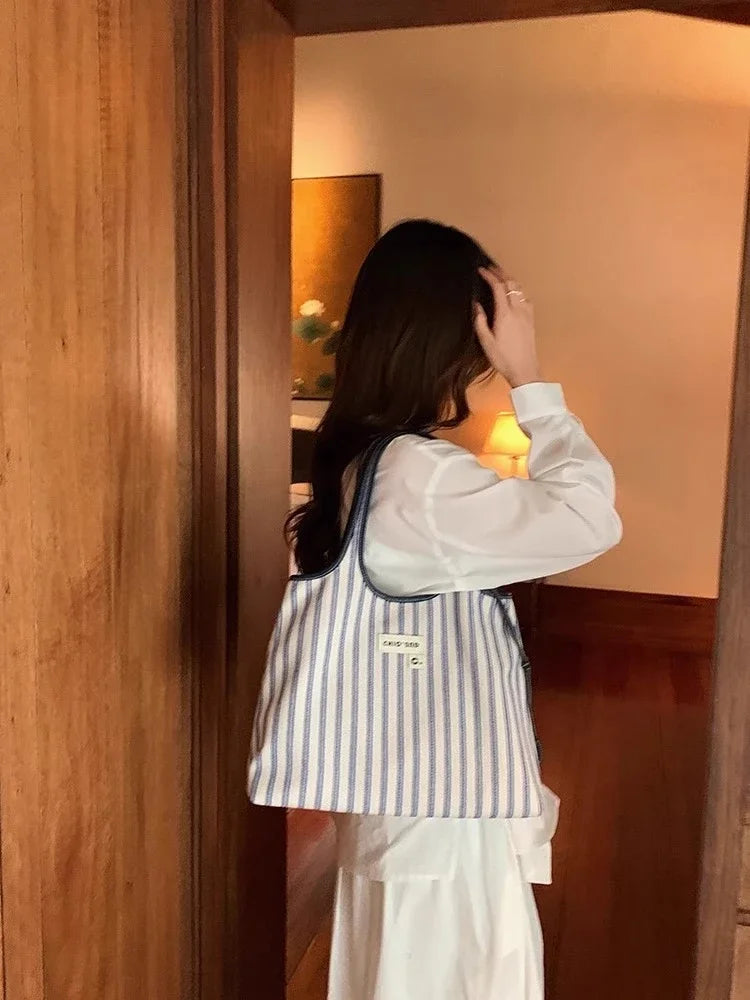 Texture Women's Tote Bag Contrast Color Stripe Shoulder Bags Woman Large Capacity Female Daily Commuting Underarm Packs Handbags