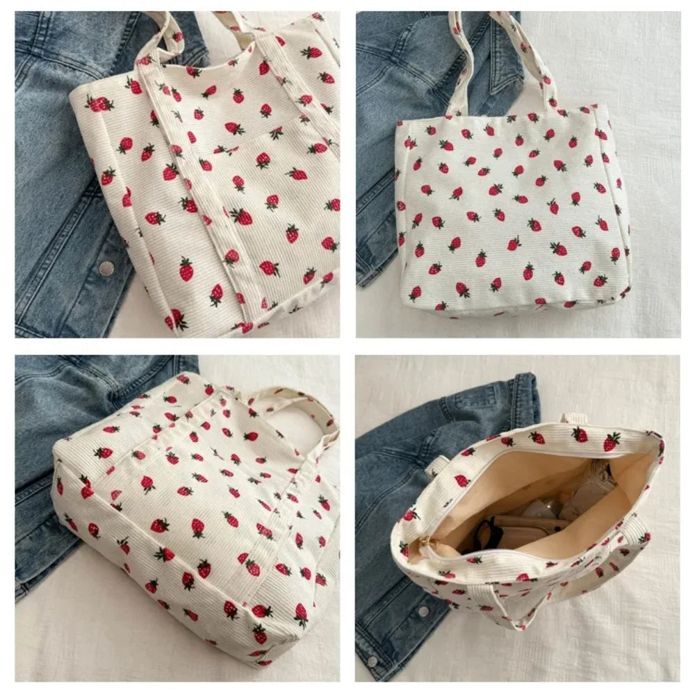 Canvas Bucket Bag | Soft Strawberry Corduroy Large Capacity Commuter Tote Luxegan