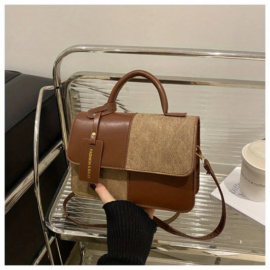 Elegant Geometric Patchwork Satchel Handbag | Vintage PU Leather Crossbody Shoulder Bag | Versatile Soft Tote with Snap Buckle Closure | Everyday Fashion Accessory for Women Luxegan