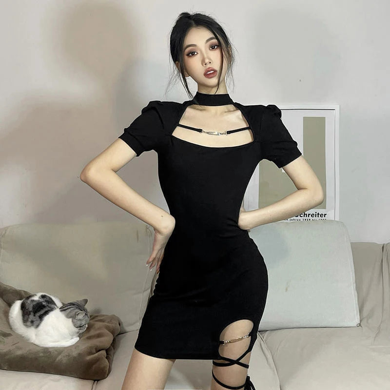 Women's Black Sexy Bandage Mini Dress | Korean Style Halter Neck-Mounted Gown | Summer Hollow-Out Slim Fit Sheath Dress | Short Sleeve Regular Shoulder Empire Waist Vestido Model QD04244 Luxegan
