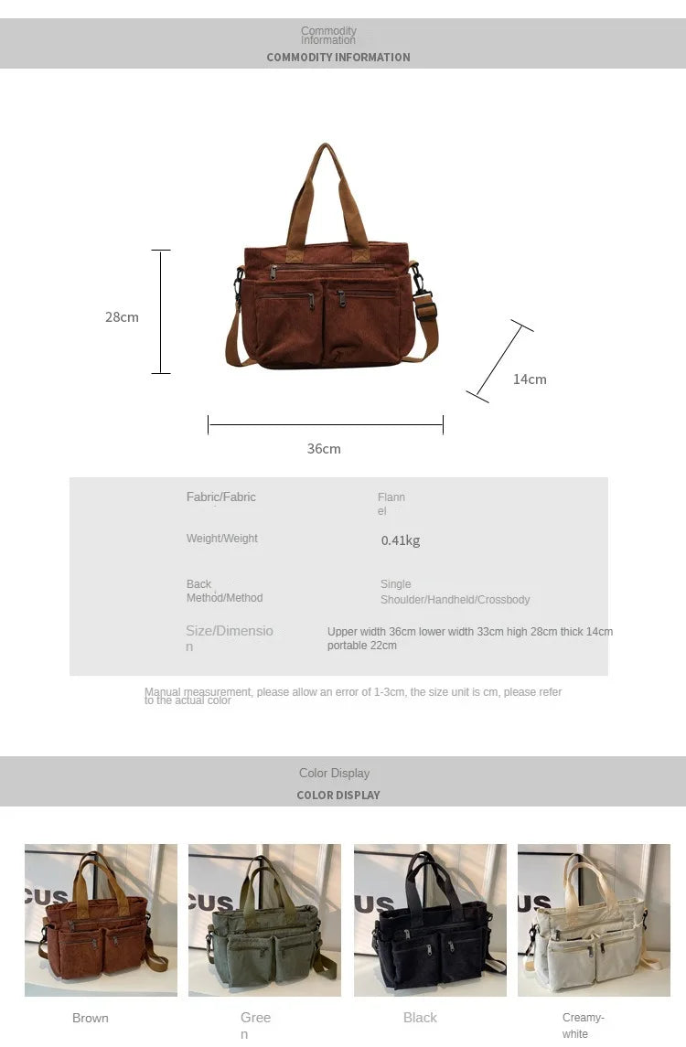 Female Large Capacity Corduroy Tote Bag | New Korean Style Fashion Women's Shoulder Crossbody Bag (Worker Commuter Handlebag)