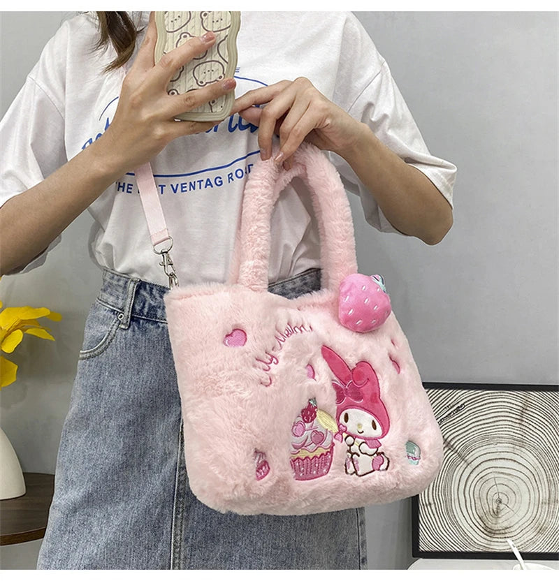 Kawaii Hello Kitty Plush Shoulder Bag | My Melody Cinnamoroll Kuromi Cute Cartoon Anime Handbag (Soft Storage Bag for Women & Girls) Luxegan