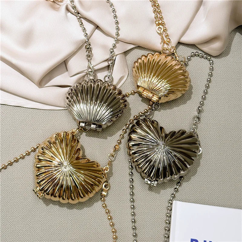 Metallic Heart Shell Minaudiere | Hard Golden/Silver Designer Evening Clutch Luxegan