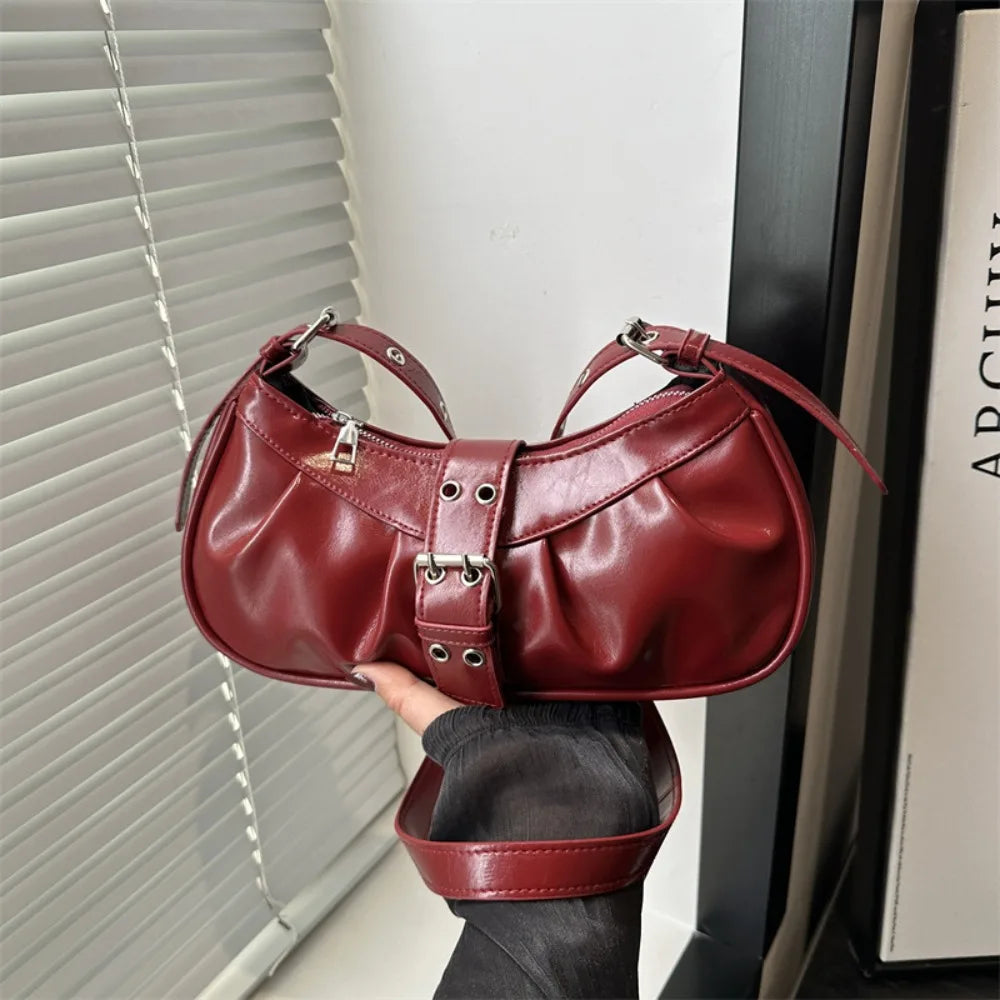 Gothic Y2K Buckle Armpit Bag | Retro Square PU Leather Crossbody Luxegan