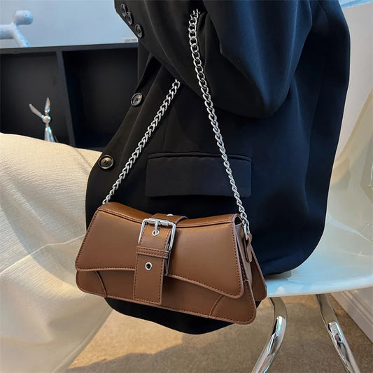 Solid Color Women's Chain Shoulder Side Bag | Small PU Leather Handbag & Wallet (Vintage Luxury Brand Lady Flap Crossbody Sling Bag) Luxegan