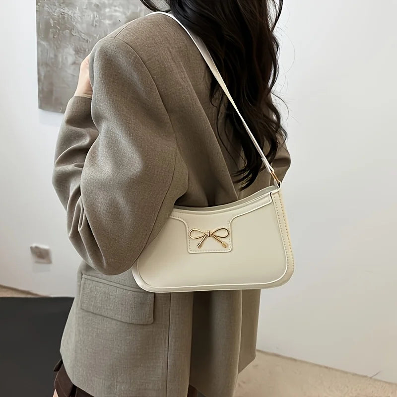 Elegant Solid Color Bowknot Shoulder Bag | Sophisticated Small Square Handbag for Women | Fashion-Forward Sequined Underarm Bag | Trendy PU Leather Casual Tote with Versatile Single Strap Luxegan