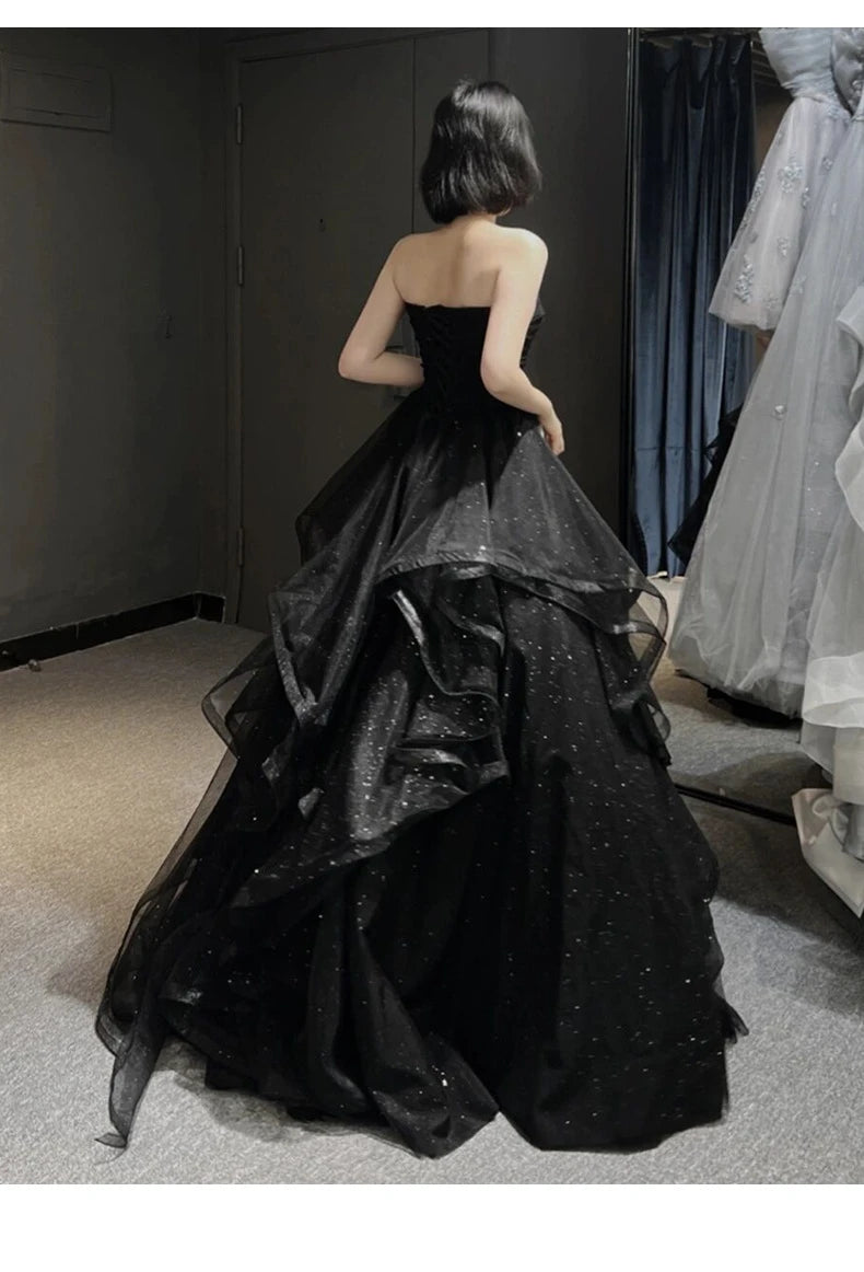 Solid Black Strapless Sleeveless Ball Gown Floor-Length Dress – Empire Waist, Built-In Bra Luxegan