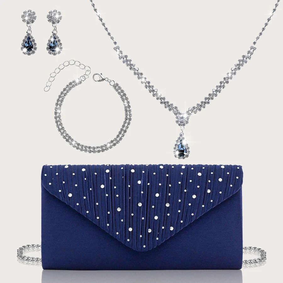 Sparkling and Luxurious Rhinestone Party Women's Clutch Bag | Gorgeous Rhinestone Pendant Necklace, Earrings, & Bracelet Set Luxegan