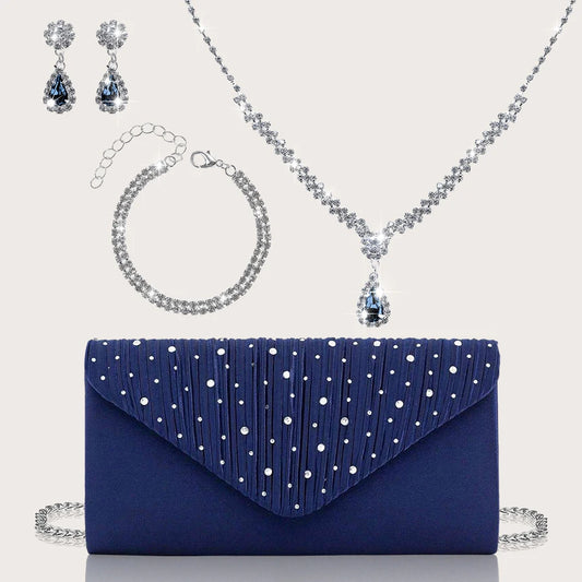 Sparkling and Luxurious Rhinestone Party Women's Clutch Bag | Gorgeous Rhinestone Pendant Necklace, Earrings, & Bracelet Set Luxegan