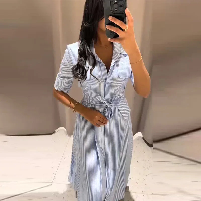 Striped Turn-Down Collar Short Sleeve Button Single-Breasted Regular Fit A-Line Ankle-Length Dress – Natural Waist, Summer Luxegan
