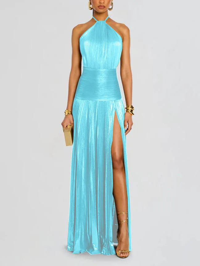Women's Gold Halter Neck Evening Dress | Chic Solid Color Pleated Backless Party Gown | Slim Fit Package Hip Slit Maxi Dress | Trendy Summer Streetwear Vestido Model 8155 Luxegan