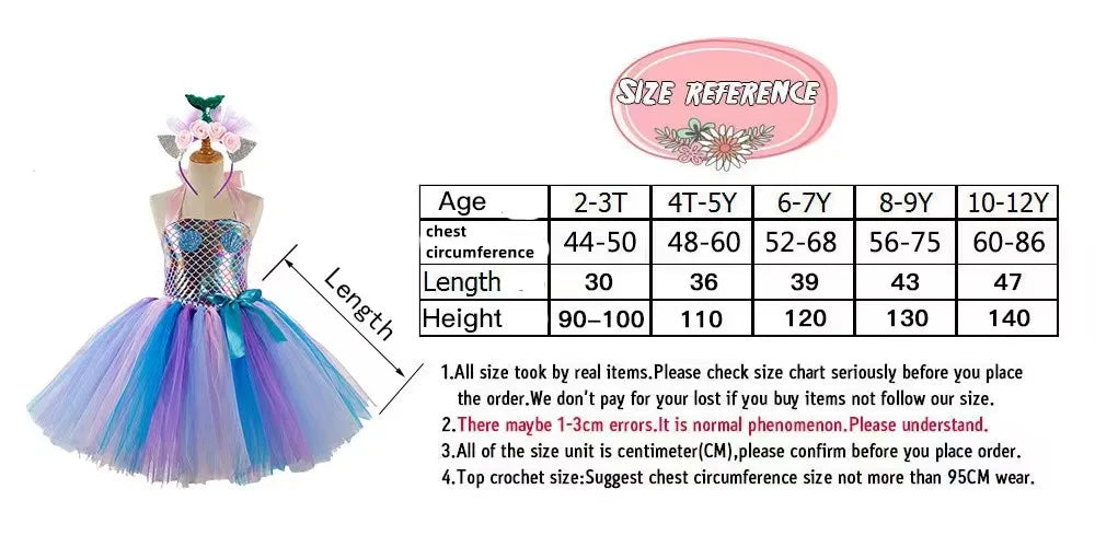 Kids Girls Cosplay Party Dress Princess Dress Up Mermaid Tulle Tutu Dresses Theme Birthday Party Costume with Flower Headband