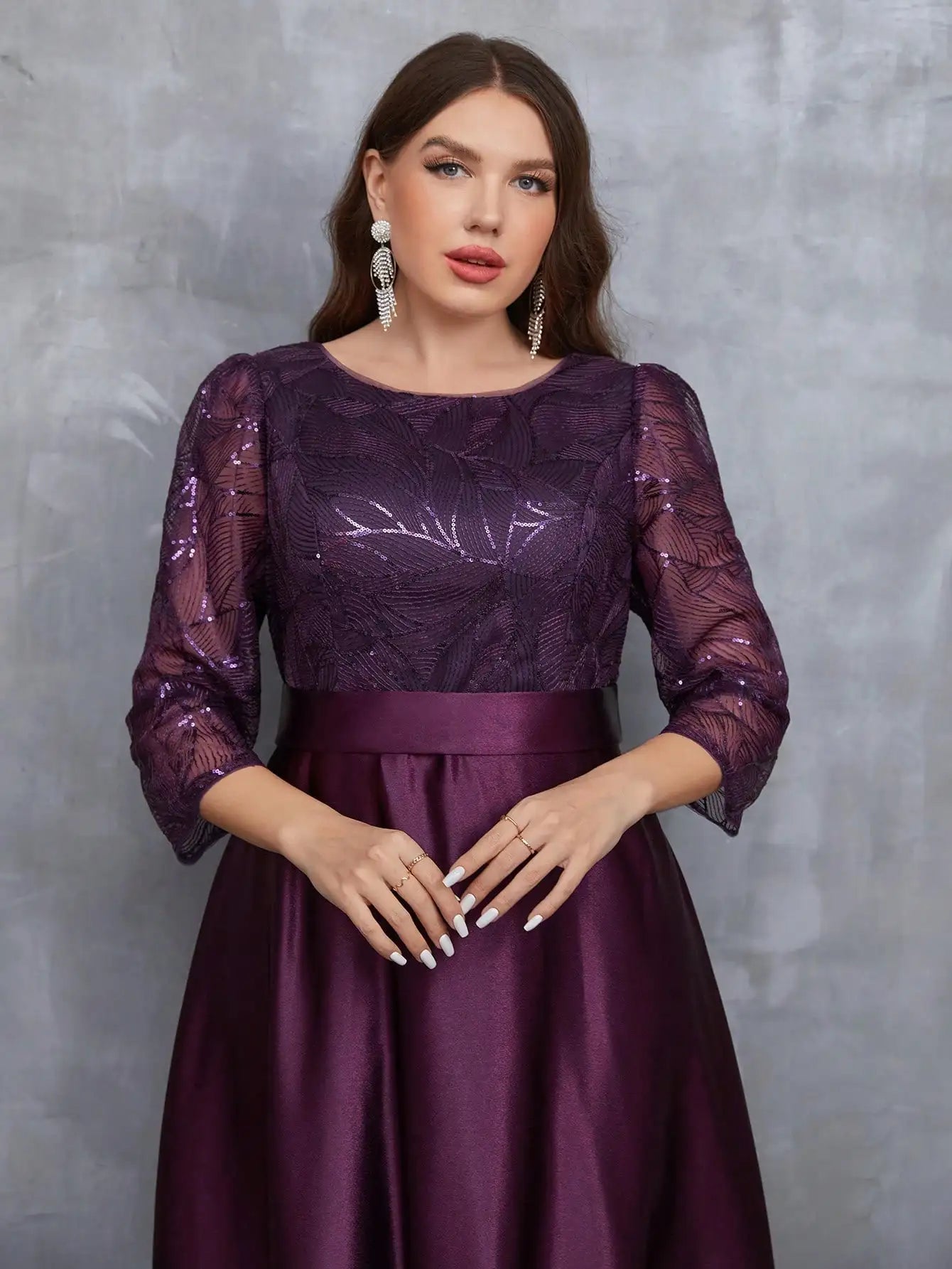 Elegant Crew Neck Sequin Patchwork Satin Ball Gown | Long Sleeve Fit & Flare Party Dress | Premium Solid Color Ankle-Length Bridesmaid Dress | Regular Fit O-Neck Tatting Evening Dress Luxegan