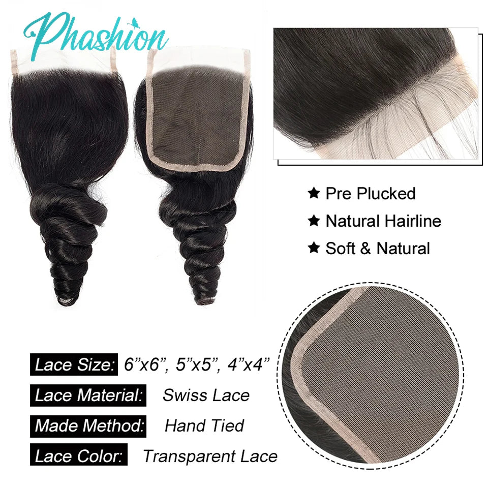 Phashion Loose Wave 13x4 Lace Frontal HD Transparent Swiss 4×4 Closure Pre Plucked Brazilian Remy Human Hair For Black Women