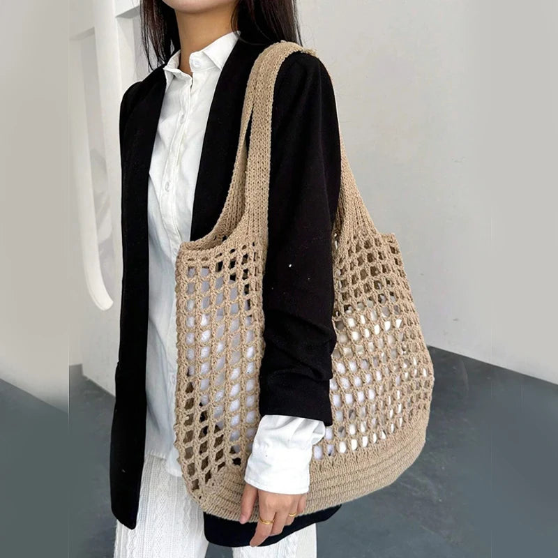 Knitted Hollow Crochet Tote | Soft Large Capacity Underarm Bag Luxegan