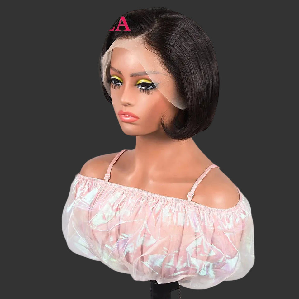 Short Pixie Cut Natural Wave Bob Wig | 13x4 HD Transparent Swiss Lace Frontal Wig | 180% Density 100% Brazilian Remy Human Hair Wig with Pre-Plucked Hairline (8-Inch) Luxegan