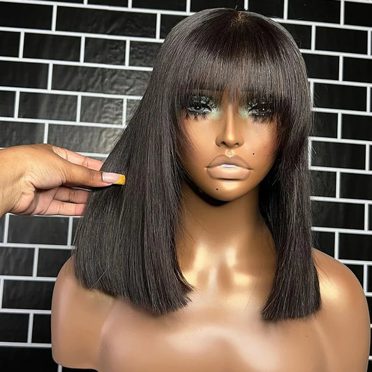 Sleek Bone Straight Short Bob Human Hair Wig with Bangs | Glueless Full Machine-Made Brazilian Remy Human Hair Wig | Classic Fringe Bob for Women (8-14 Inch, Natural Color / #99J Burgundy / Warm Brown) Luxegan