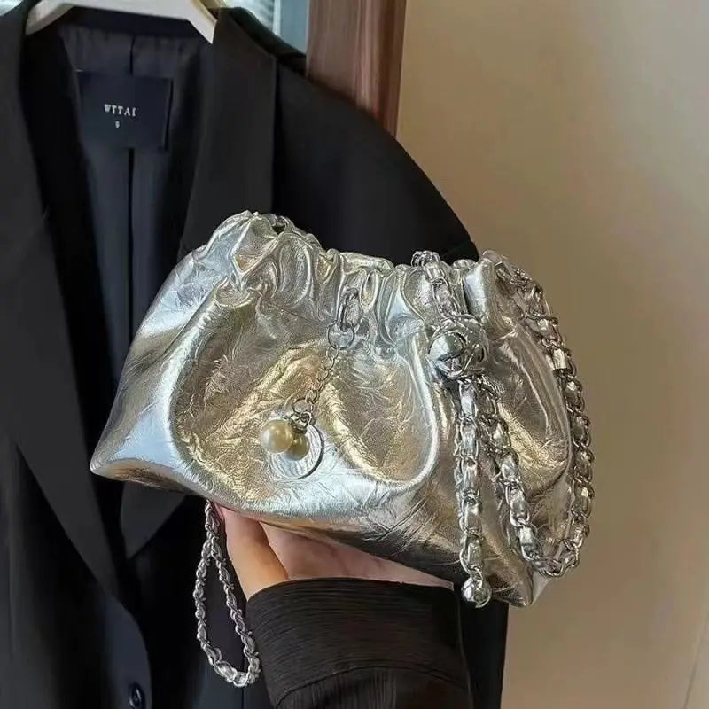 Summer Silver Folded Chain Bucket Bag | Women's Crossbody & Shoulder Bag Luxegan
