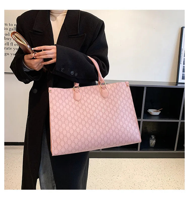 Retro European & American Large-Capacity Tote | Classic Letter Print PU Leather Shoulder Bag - view 4