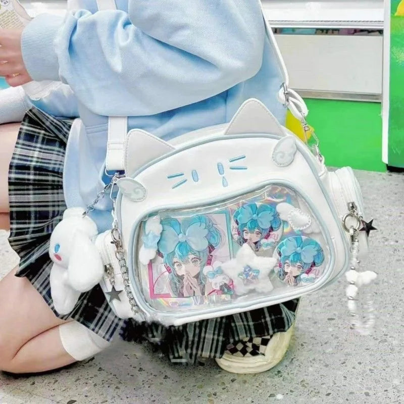 New Y2K Korean Kawaii Cat Ita Bag | Cute Transparent Window PU Shoulder Bag | Harajuku Crossbody & Fashion Backpack for Girls (Model 180) Luxegan