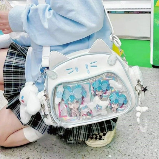 New Y2K Korean Kawaii Cat Ita Bag | Cute Transparent Window PU Shoulder Bag | Harajuku Crossbody & Fashion Backpack for Girls (Model 180) Luxegan