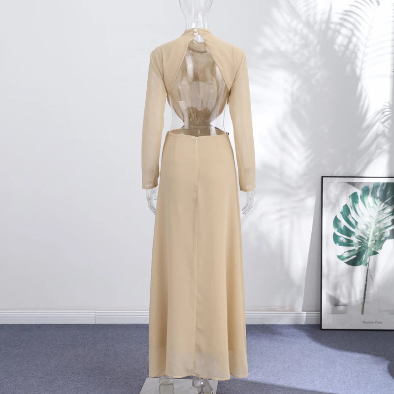 Elegant High-Neck Cutout Maxi Dress | Sheer Chiffon Long-Sleeve Evening Gown | Bow-Accented Floor-Length Summer Formal Party Dress Luxegan