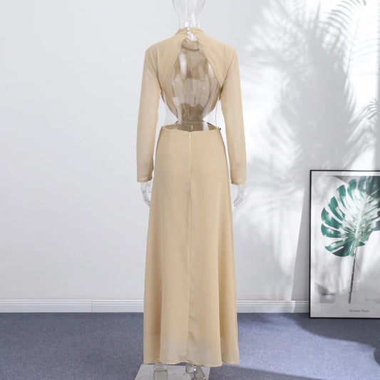 Elegant High-Neck Cutout Maxi Dress | Sheer Chiffon Long-Sleeve Evening Gown | Bow-Accented Floor-Length Summer Formal Party Dress Luxegan