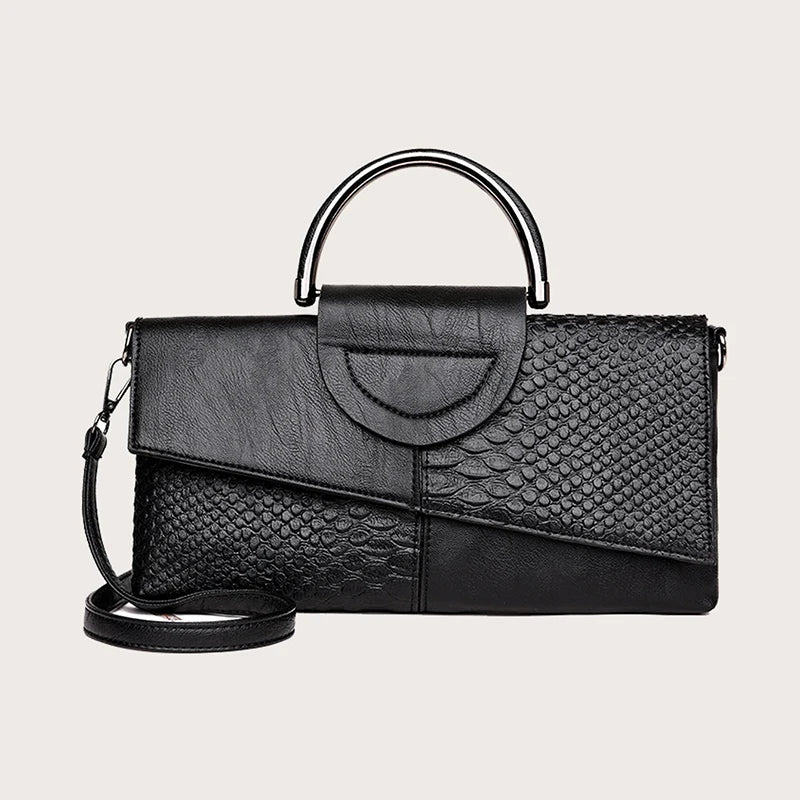Women's Black PU Leather Shoulder Bag | Stone Print Chain Crossbody & Clutch Luxegan