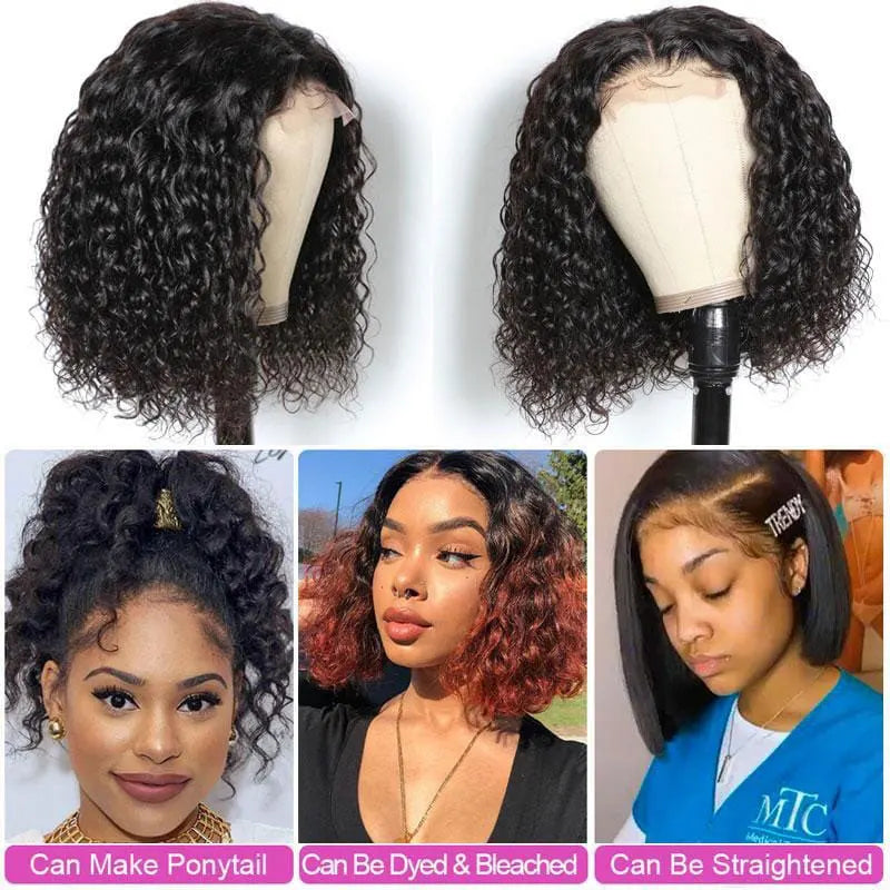 Water Wave Short Bob Lace Wig | 13x4 Transparent Lace Front & 4x4 Lace Closure Options | 150% & 180% Density Pre-Plucked Brazilian Remy Human Hair Kinky Curly Bob Wig for Women (4-16 Inch) Luxegan