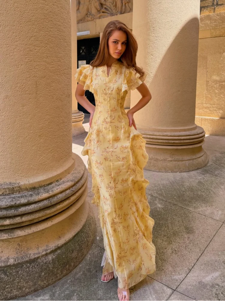 Fashion Women's Printed Ruffled Dress Elegant Short Sleeve Female V Neck Maxi Dresses 2026 Summer Elegant New Lady Vestidos